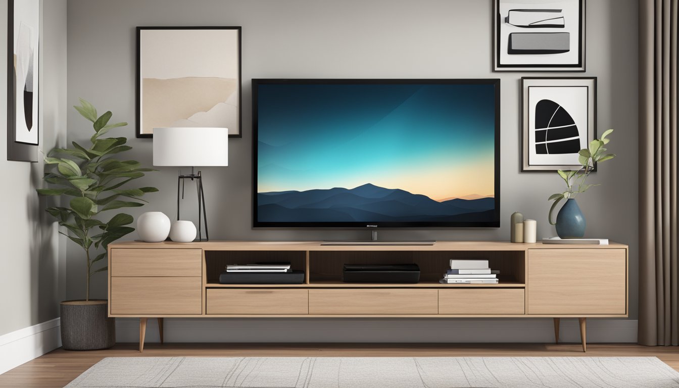 A sleek TV console with ample storage space, featuring clean lines and a modern design, sits against a neutral backdrop, creating a stylish and functional focal point for the room