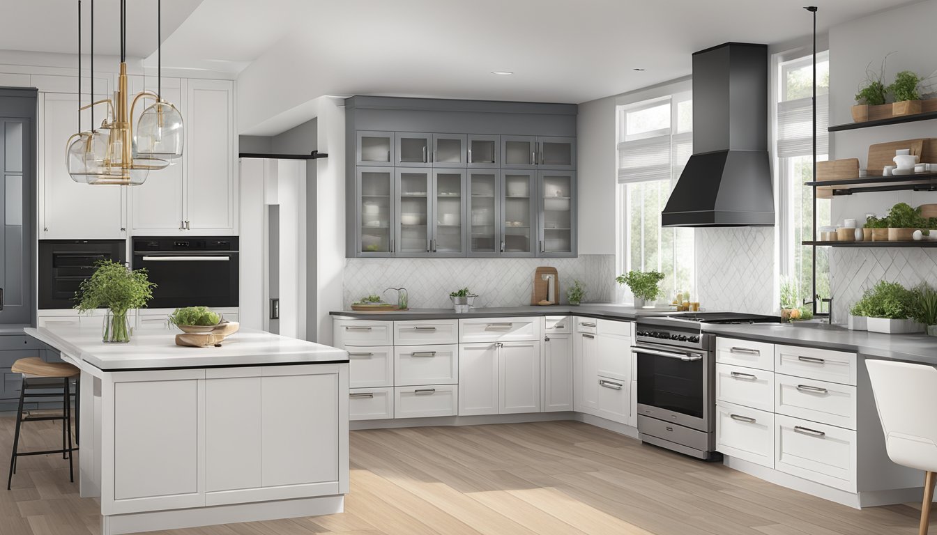 A modern kitchen with sleek, custom-designed hoods in various styles and finishes, showcasing the latest trends in kitchen ventilation