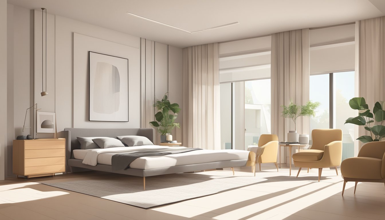 A spacious, uncluttered room with clean lines and neutral colors. Simple furniture and geometric shapes create a serene, minimalist atmosphere
