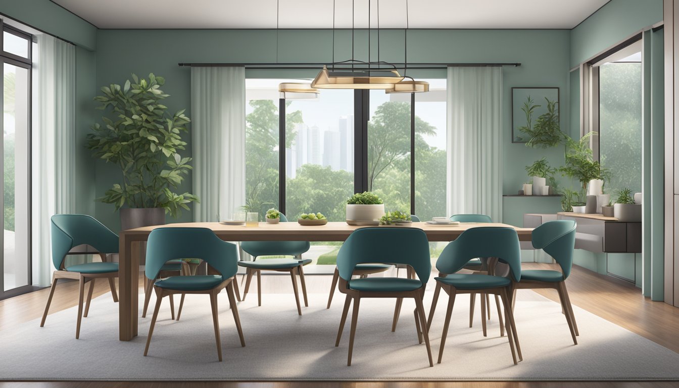 A modern dining room with a sleek, foldable table, surrounded by stylish chairs, set against a backdrop of a Singaporean home