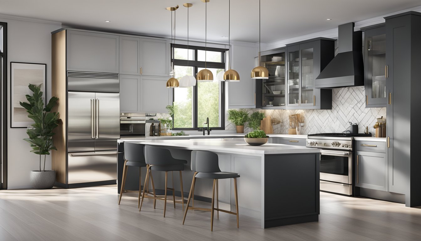 A sleek, modern kitchen with stylish designer hoods above the stovetop. Clean lines and high-end finishes create a luxurious yet functional space