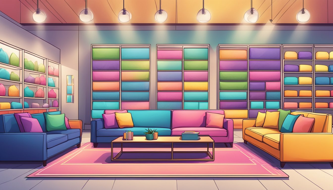 A spacious, modern sofa store with rows of colorful, plush seating options. Bright lighting and neatly arranged displays create an inviting atmosphere