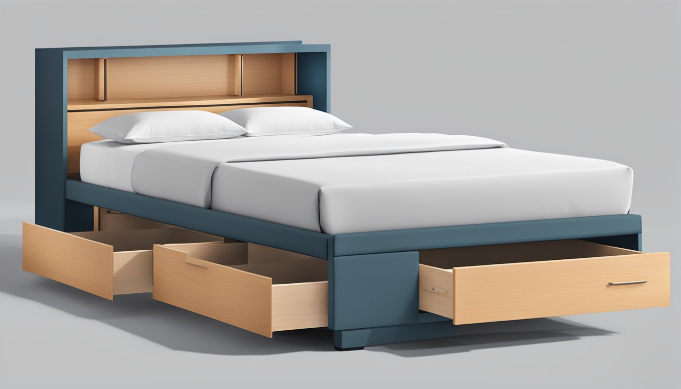 A sleek, modern super single bed frame with built-in storage drawers underneath