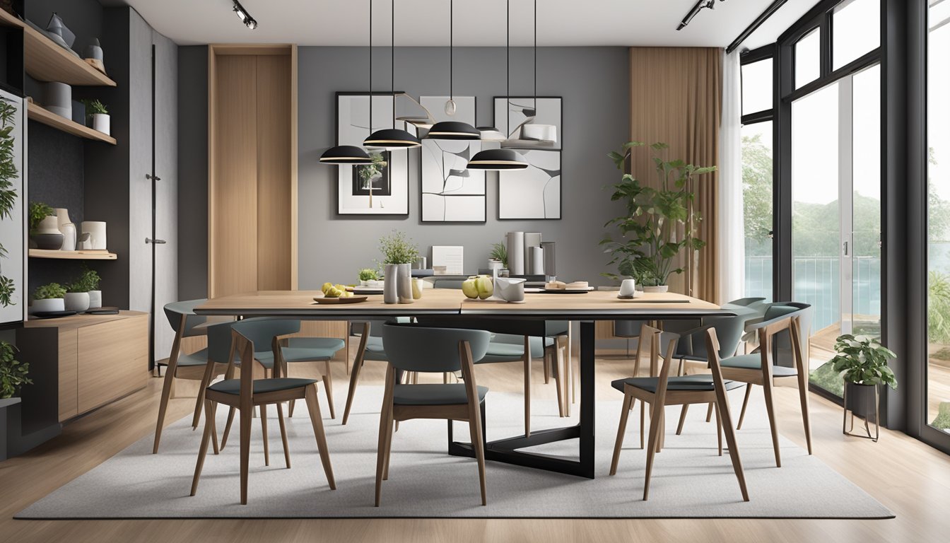 A modern, space-saving foldable dining table displayed in a sleek furniture showroom in Singapore, surrounded by other contemporary home decor pieces