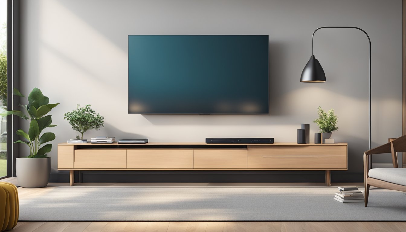 A sleek TV console in a modern living room, with clean lines and minimalist design, showcasing a flat-screen television and neatly organized media equipment