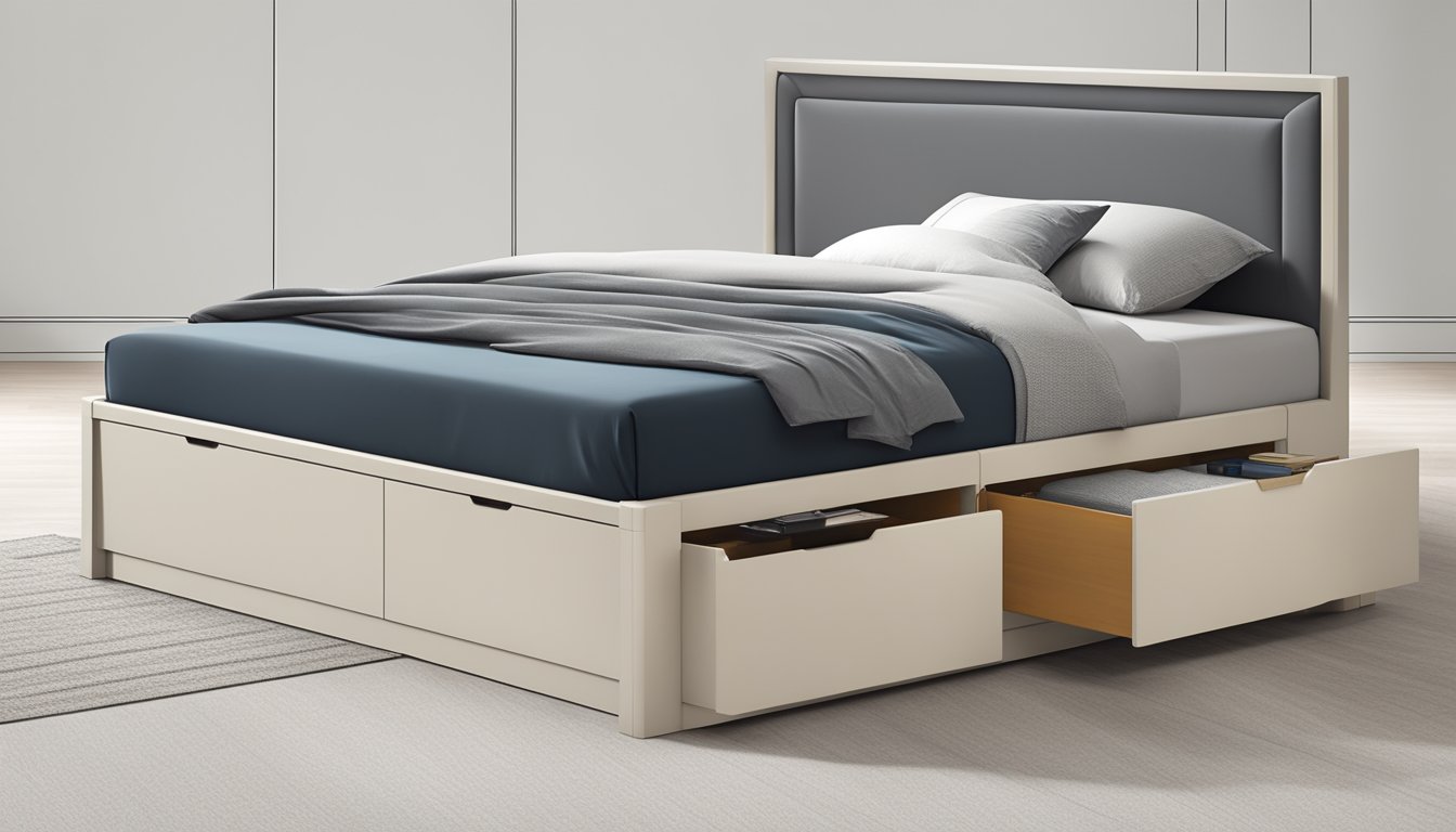 A sleek super single bed frame with built-in storage drawers underneath. The frame is modern and minimalist, with clean lines and a neutral color palette