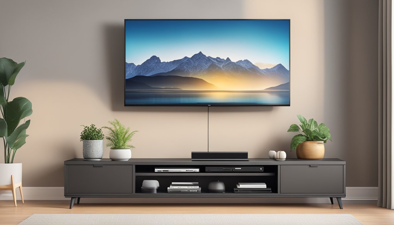 A sleek TV console with ample storage compartments, neatly organized and labeled, sits against a clean, modern backdrop