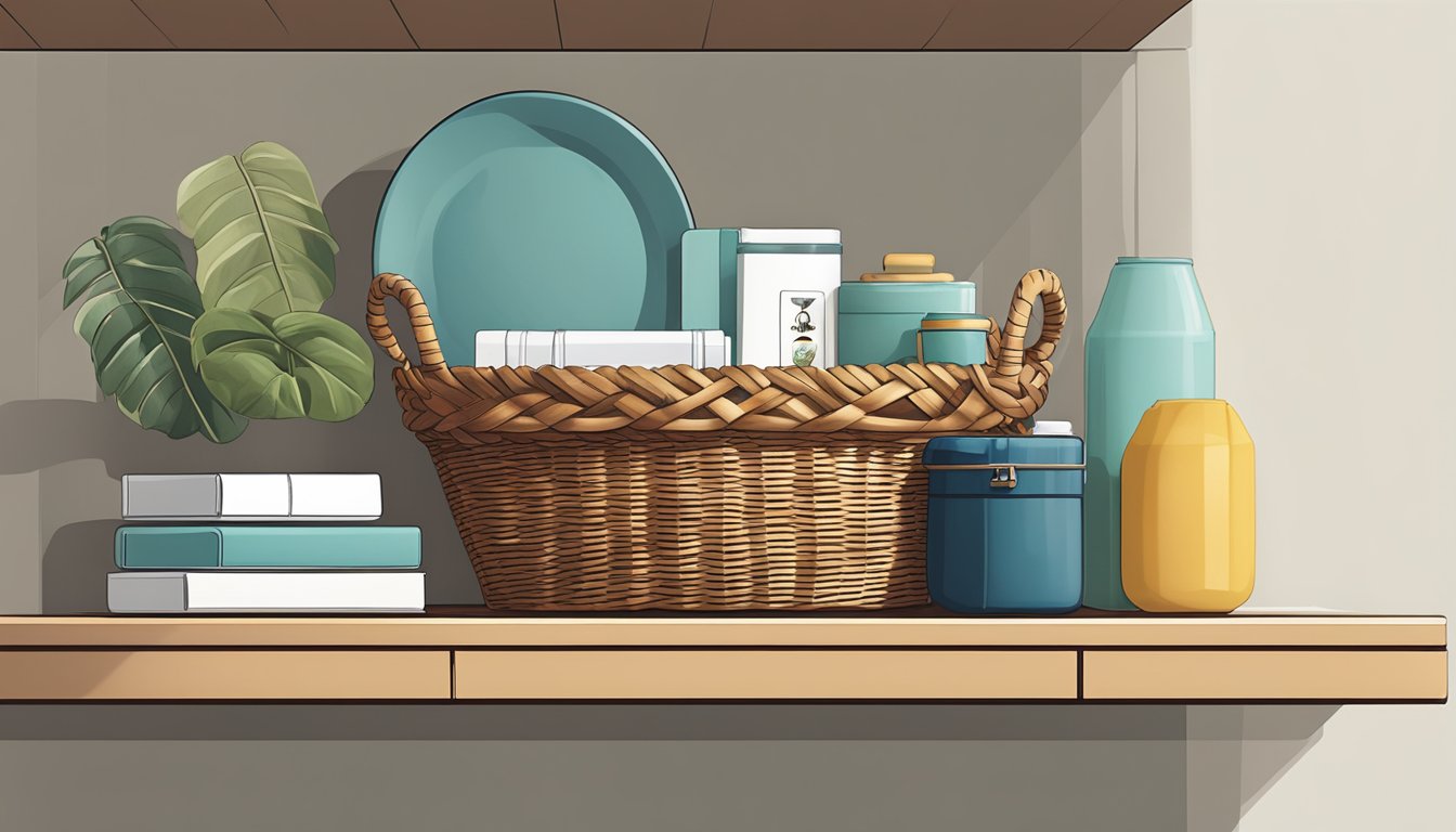A wicker basket sits on a shelf in a modern Singaporean home, filled with neatly arranged storage items for home and living