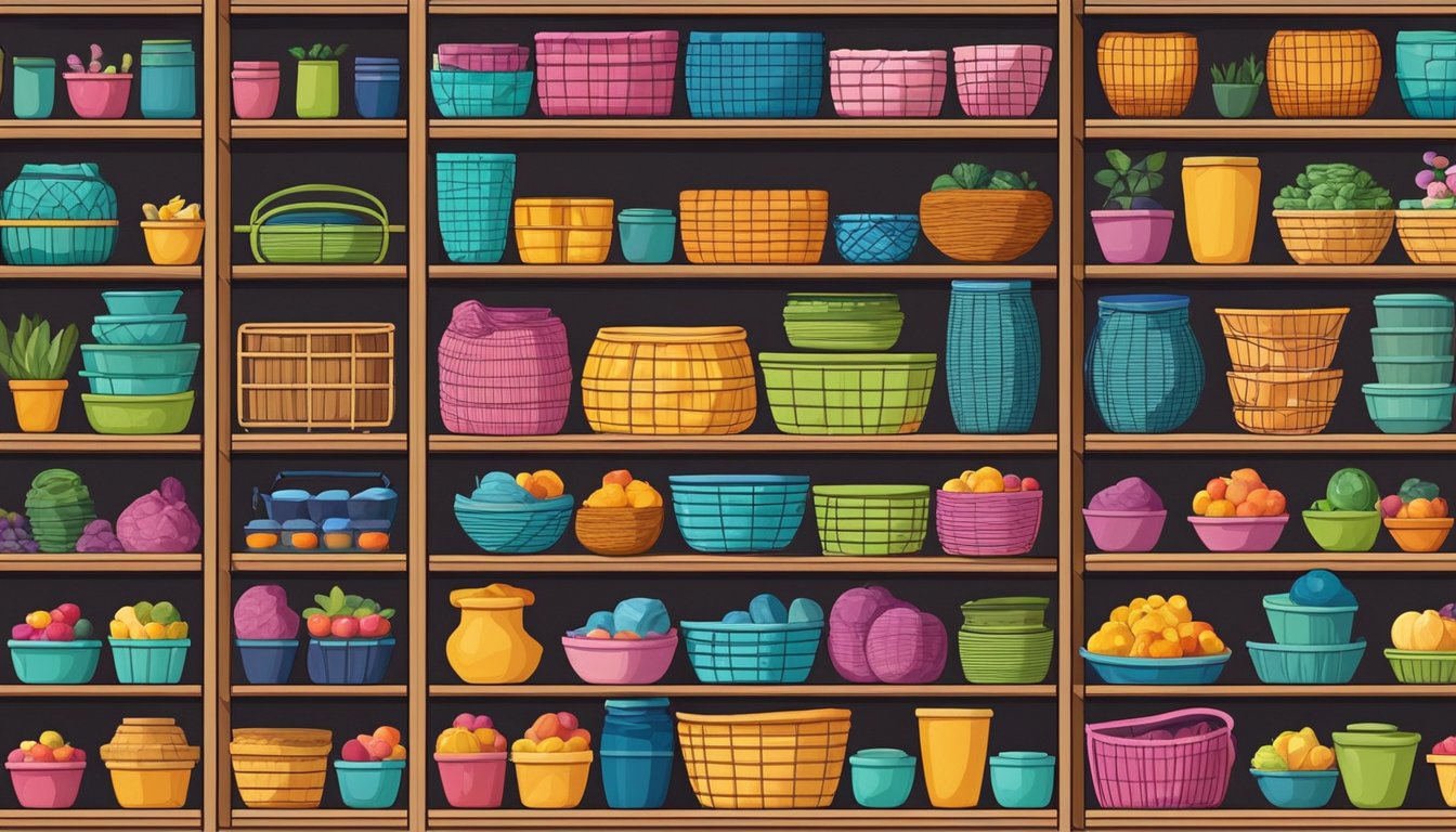 A colorful array of baskets in various shapes and sizes fill the shelves of a home and living storage store in Singapore