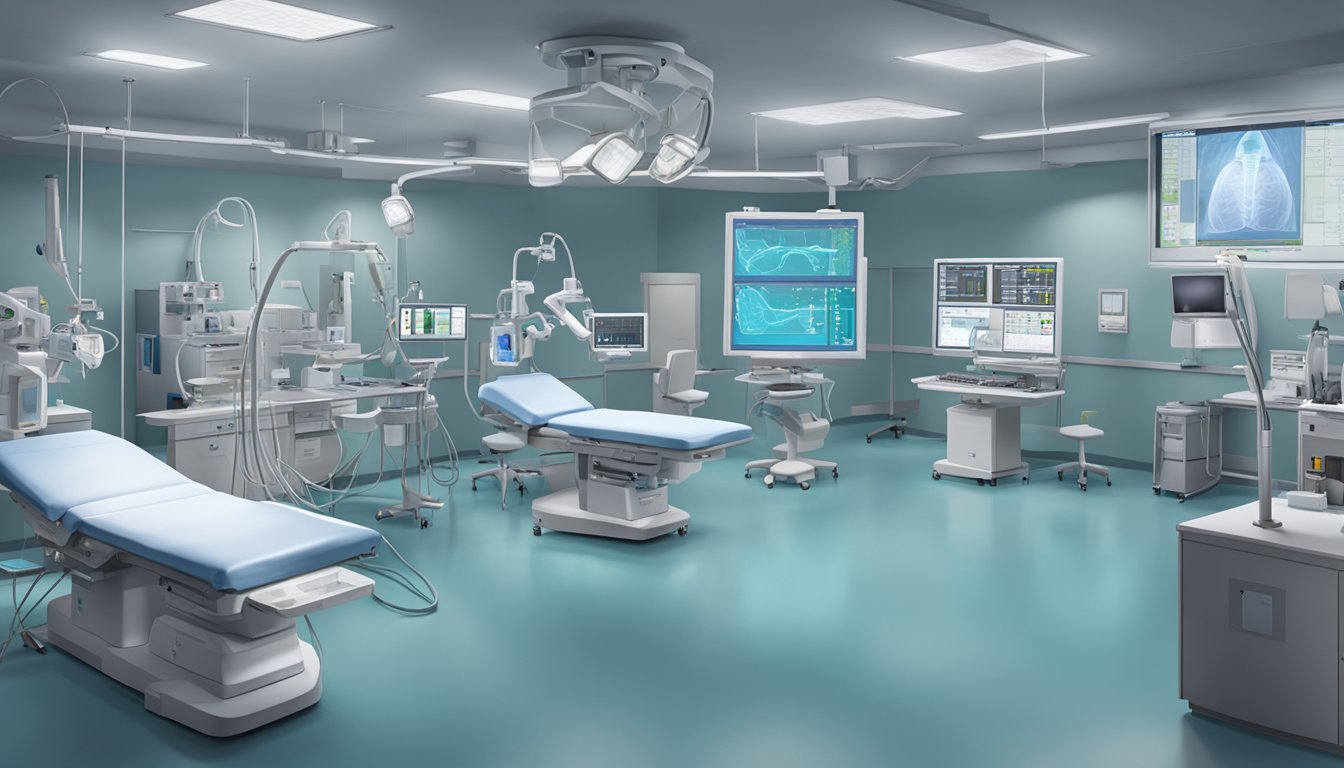 A cath lab with a POBA procedure in progress, medical equipment, and monitors in a cardiology setting