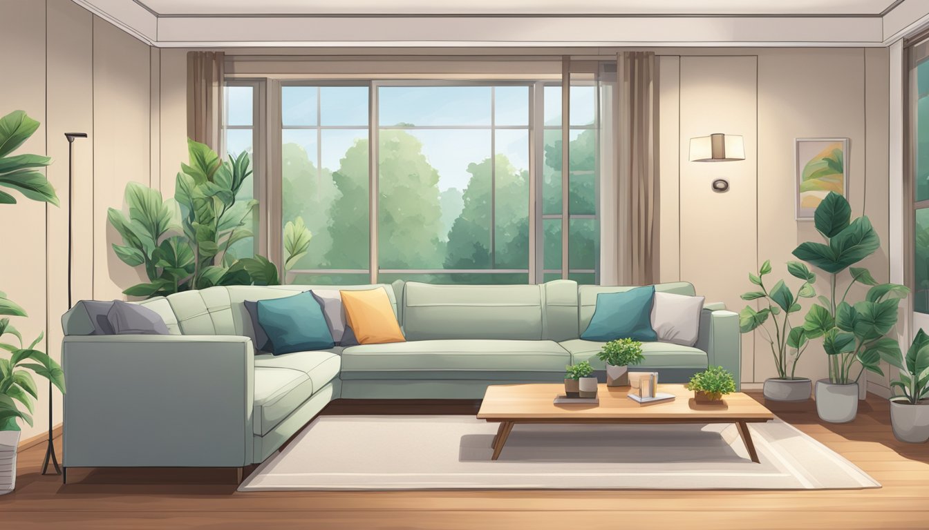 A living room with a Mitsubishi aircon system 1 mounted on the wall, surrounded by comfortable furniture and a decorative plant