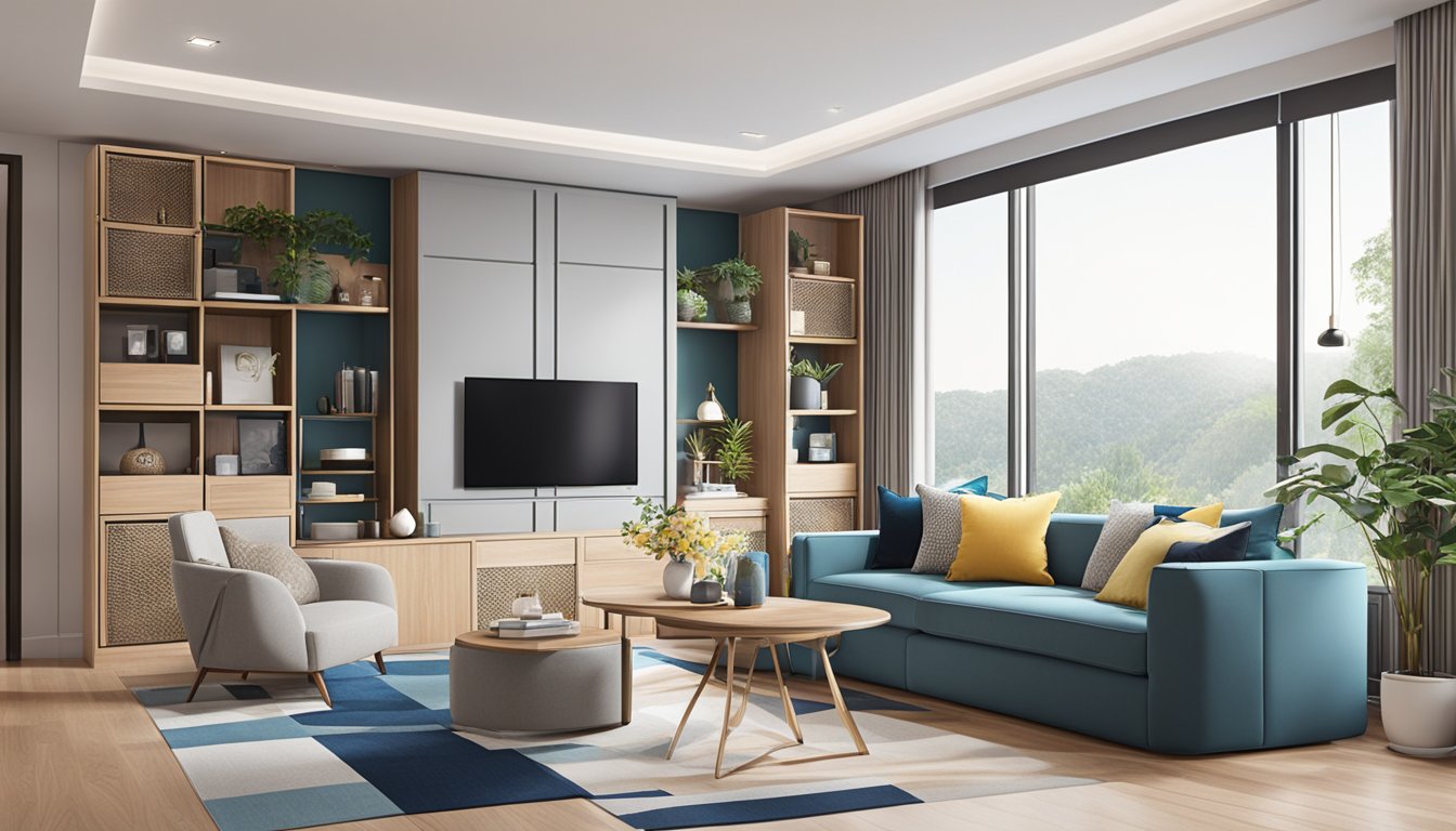 A modern, organized living room with stylish storage baskets in Singapore