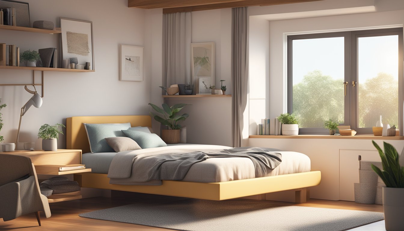 A super single bed frame with built-in storage, surrounded by neatly organized pillows and blankets. The room is well-lit with natural sunlight streaming in through the window