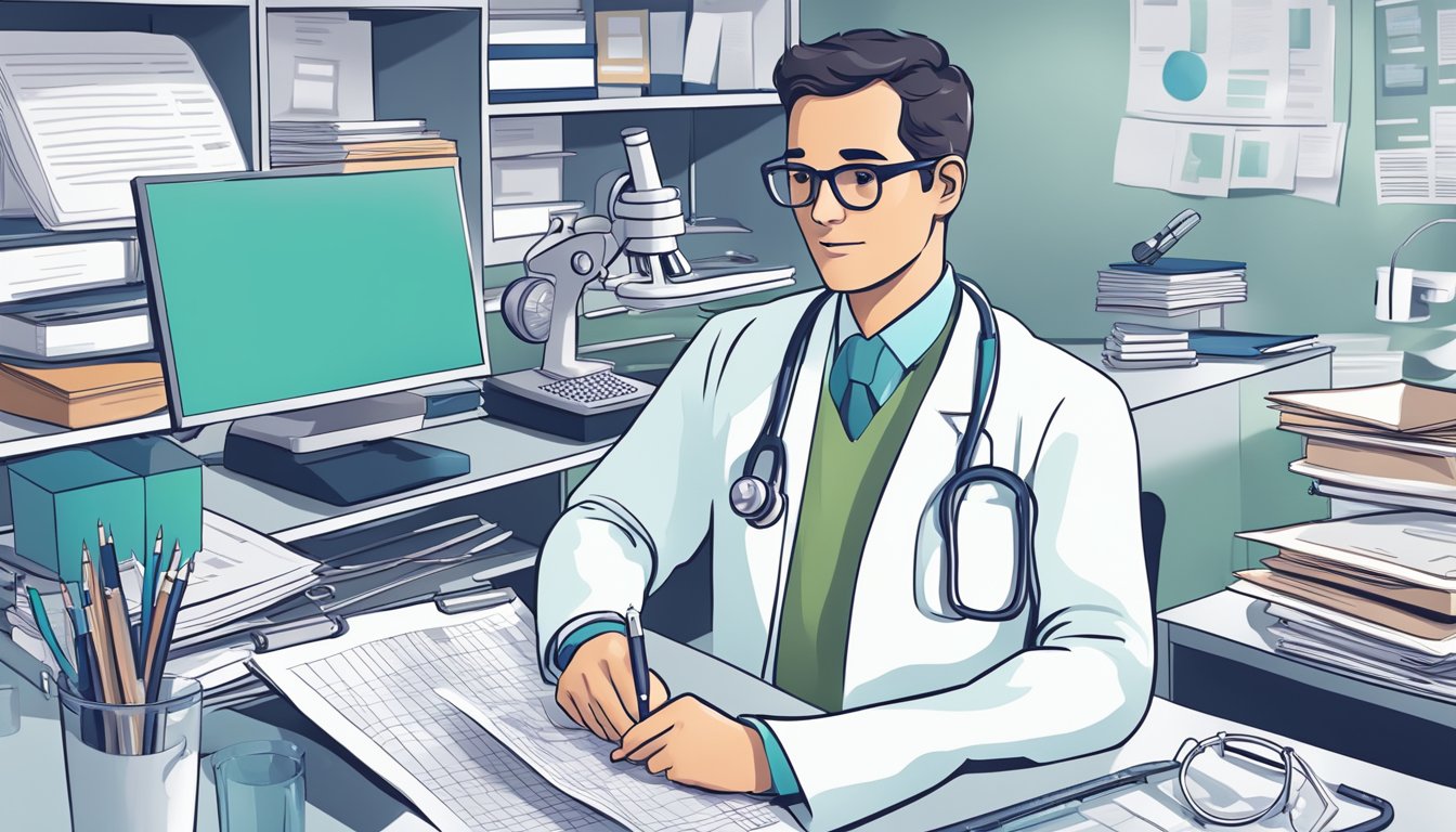 A doctor reviews clinical trial data, surrounded by medical equipment and research papers