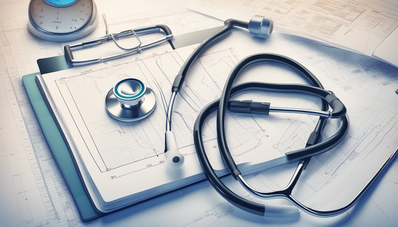 A stethoscope resting on a medical chart with EKG readings, surrounded by coding books and a computer screen displaying cardiology procedures