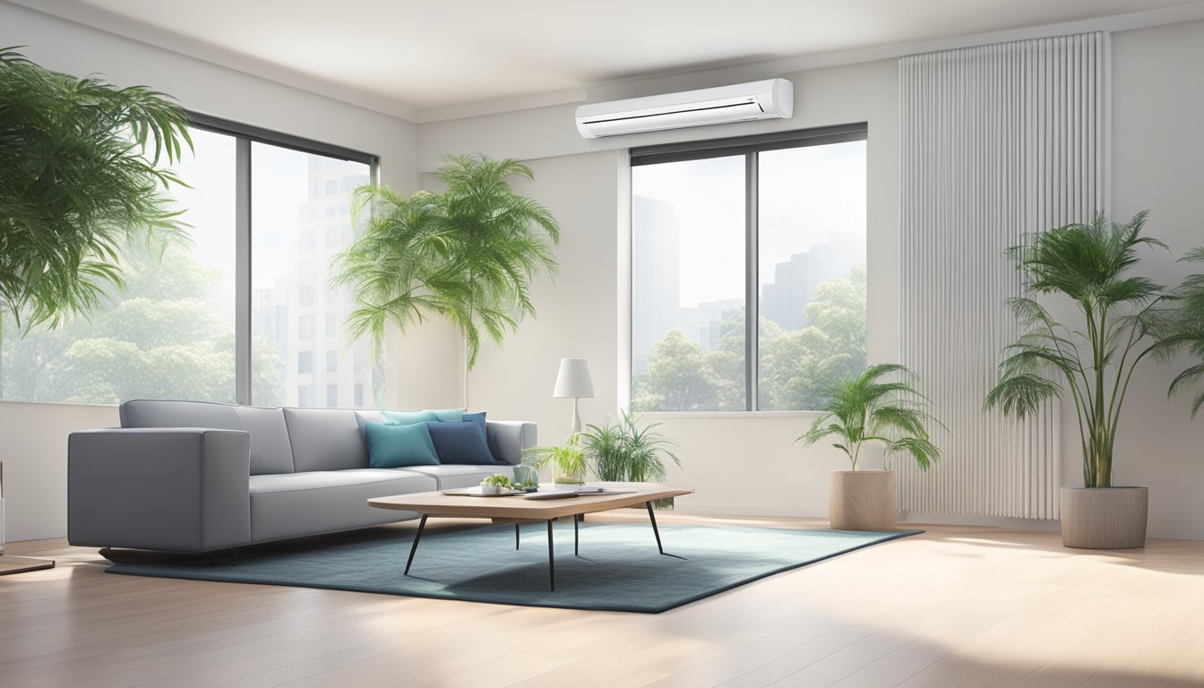A sleek Mitsubishi air conditioning unit mounted on a clean, white wall, surrounded by modern furniture and plants, emitting cool air into the room