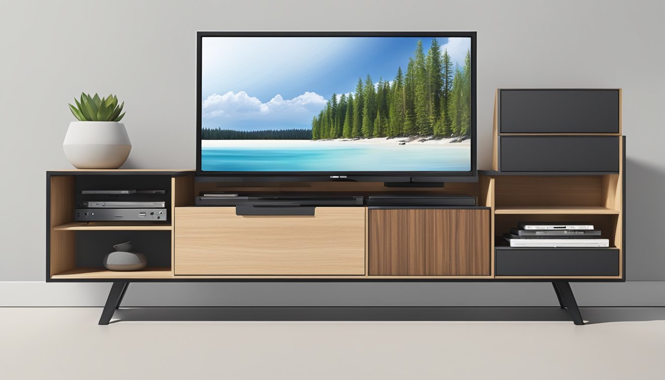 A sleek, modern TV console with multiple storage compartments and a sturdy build, showcasing its functional features and durability