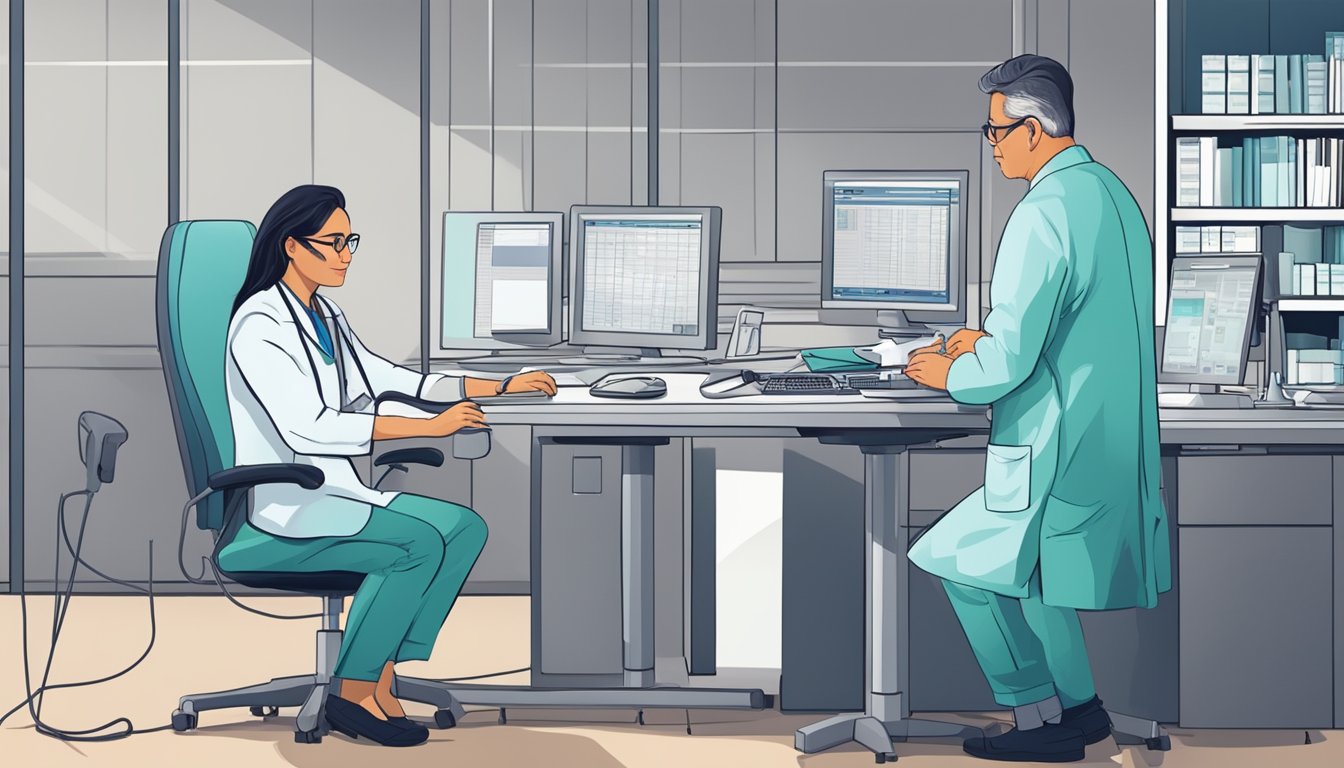 A cardiologist performing a procedure while a reimbursement specialist codes for billing