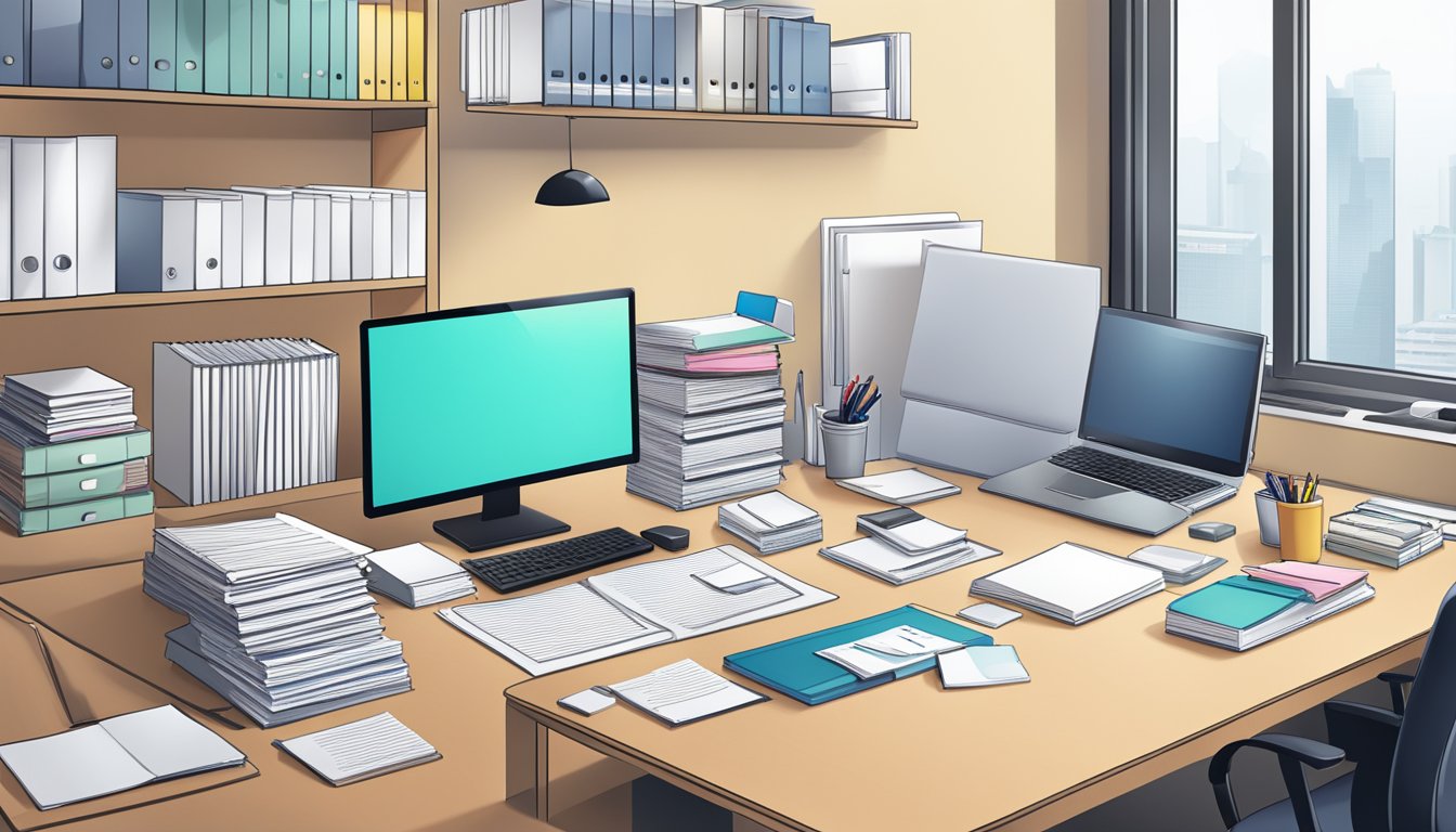 An organized office table in Singapore with a stack of papers, a computer, and a neatly arranged set of office supplies
