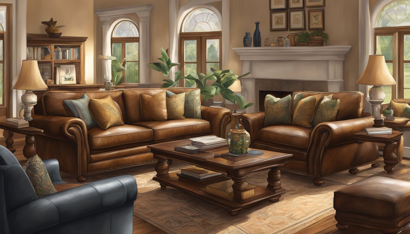 A cozy leather sofa sits in a well-lit living room, surrounded by warm, inviting decor. The rich, supple leather beckons you to sink into its luxurious comfort