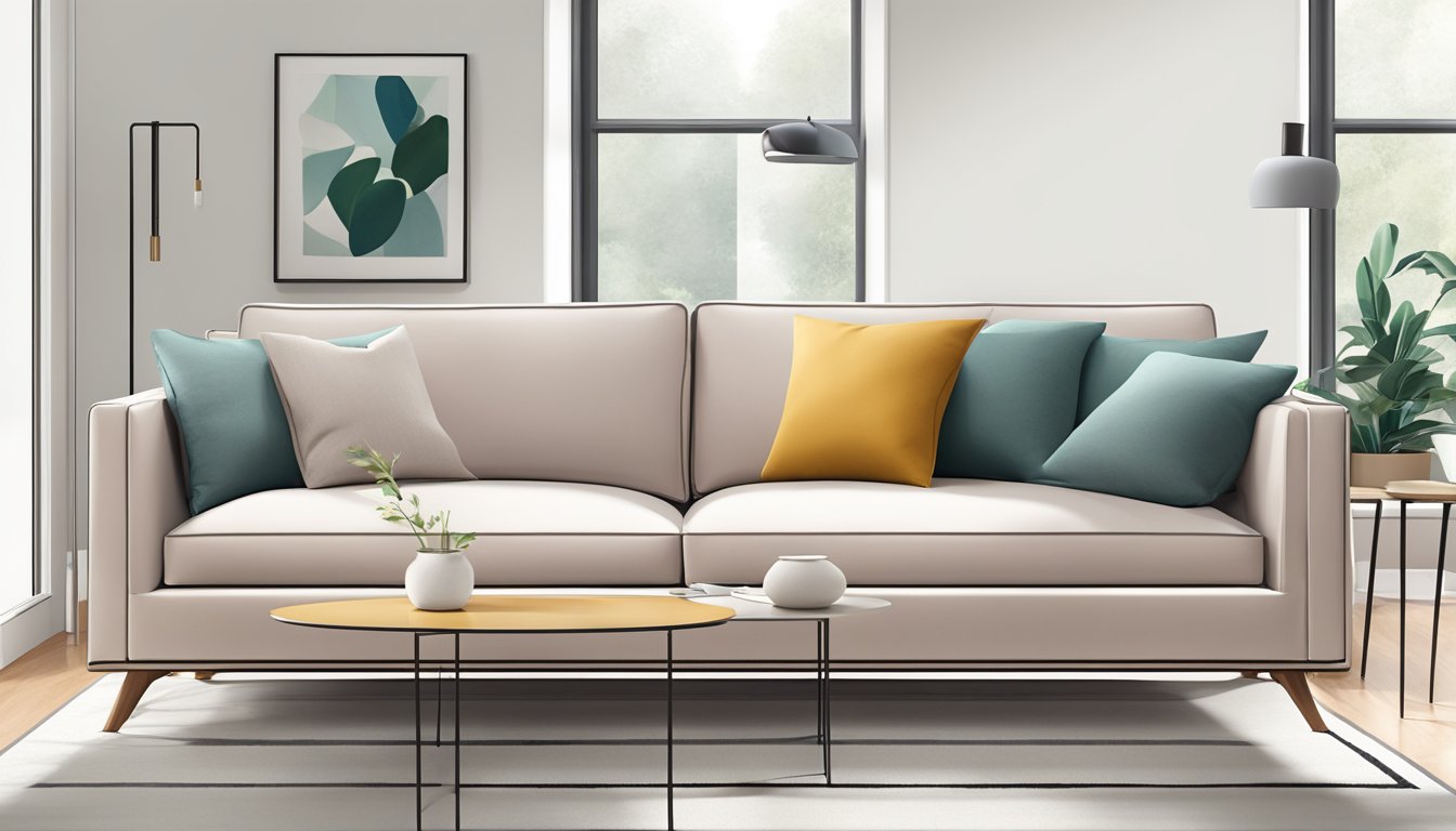 A sleek, modern 3-seater sofa sits in a bright, minimalist living room, surrounded by clean lines and contemporary decor
