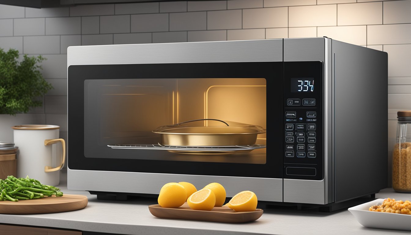 A large convection microwave sits on a sleek countertop, its digital display glowing with the current time and temperature settings