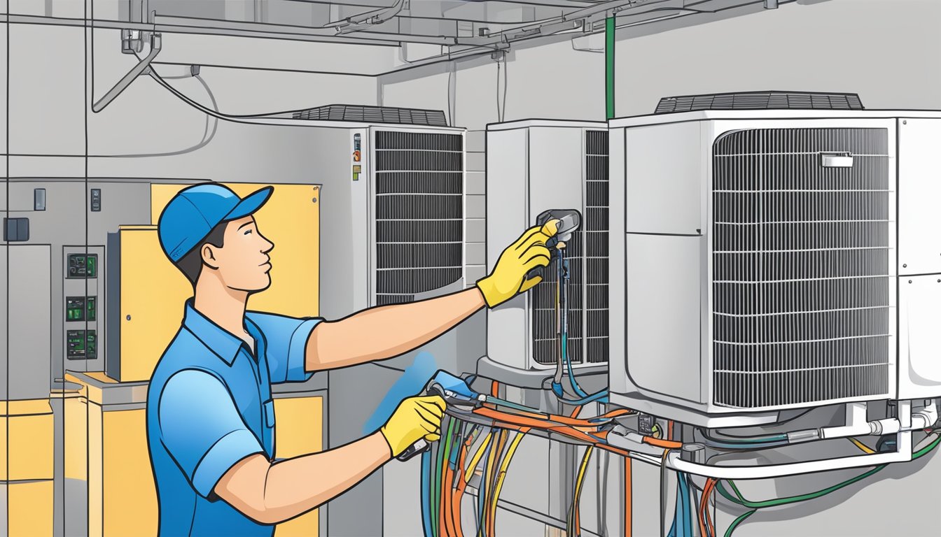 A technician installs a Mitsubishi aircon system, connecting wires and pipes to the unit. Another technician performs maintenance, cleaning the filters and checking for any issues