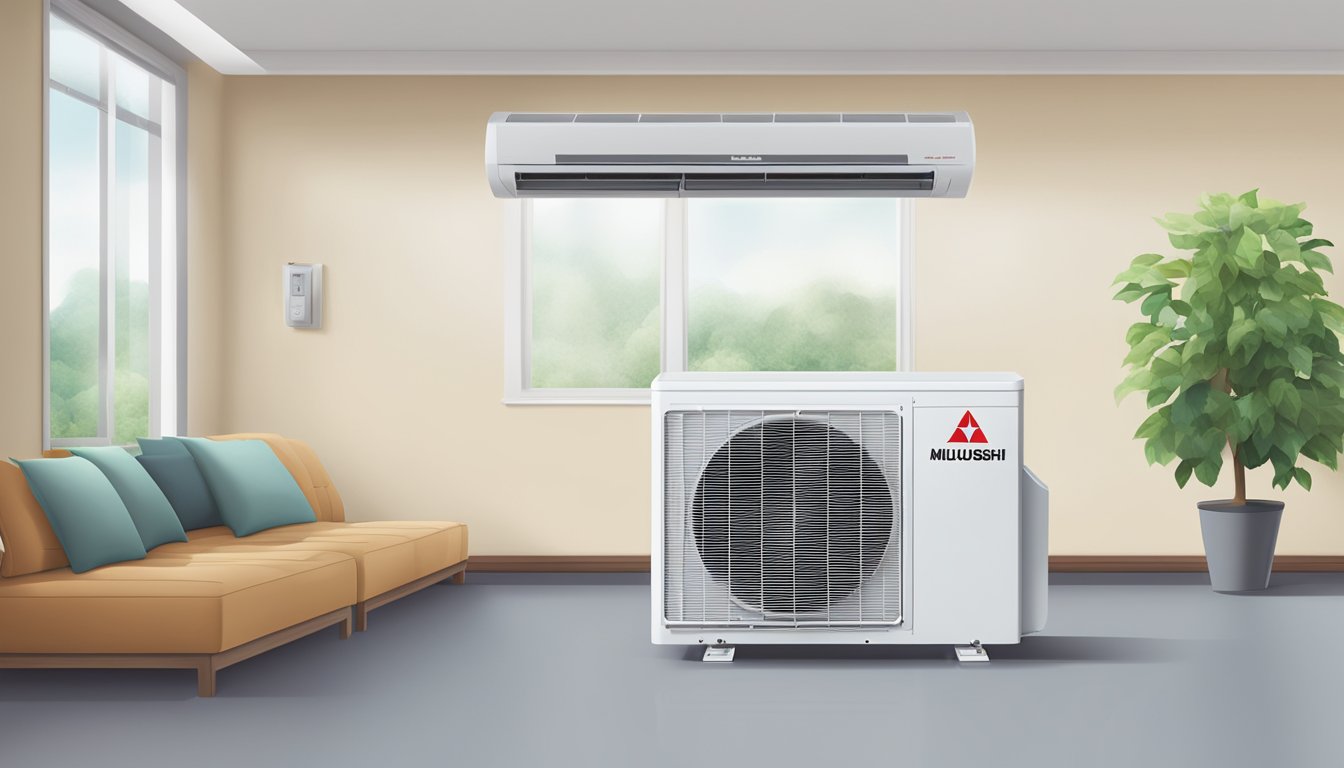 A Mitsubishi air conditioning system with FAQ text displayed on a digital screen, surrounded by a clean and modern room setting