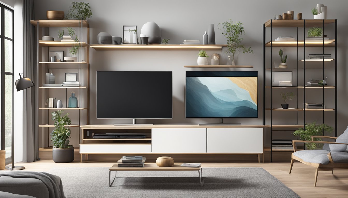 A sleek and modern TV console in a well-lit living room, with neatly organized shelves and compartments, showcasing various electronic devices and decor