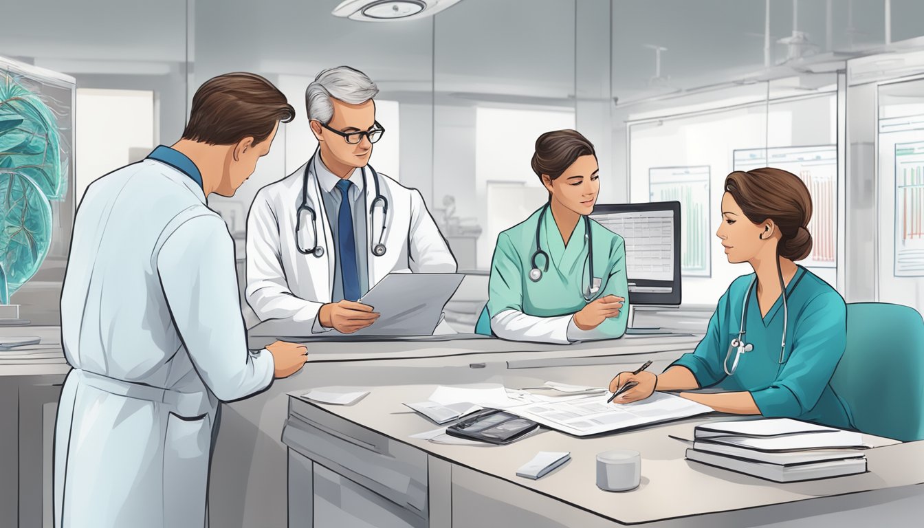 A doctor reviews a chart, consults colleagues, and updates a patient's treatment plan for complications in cardiology