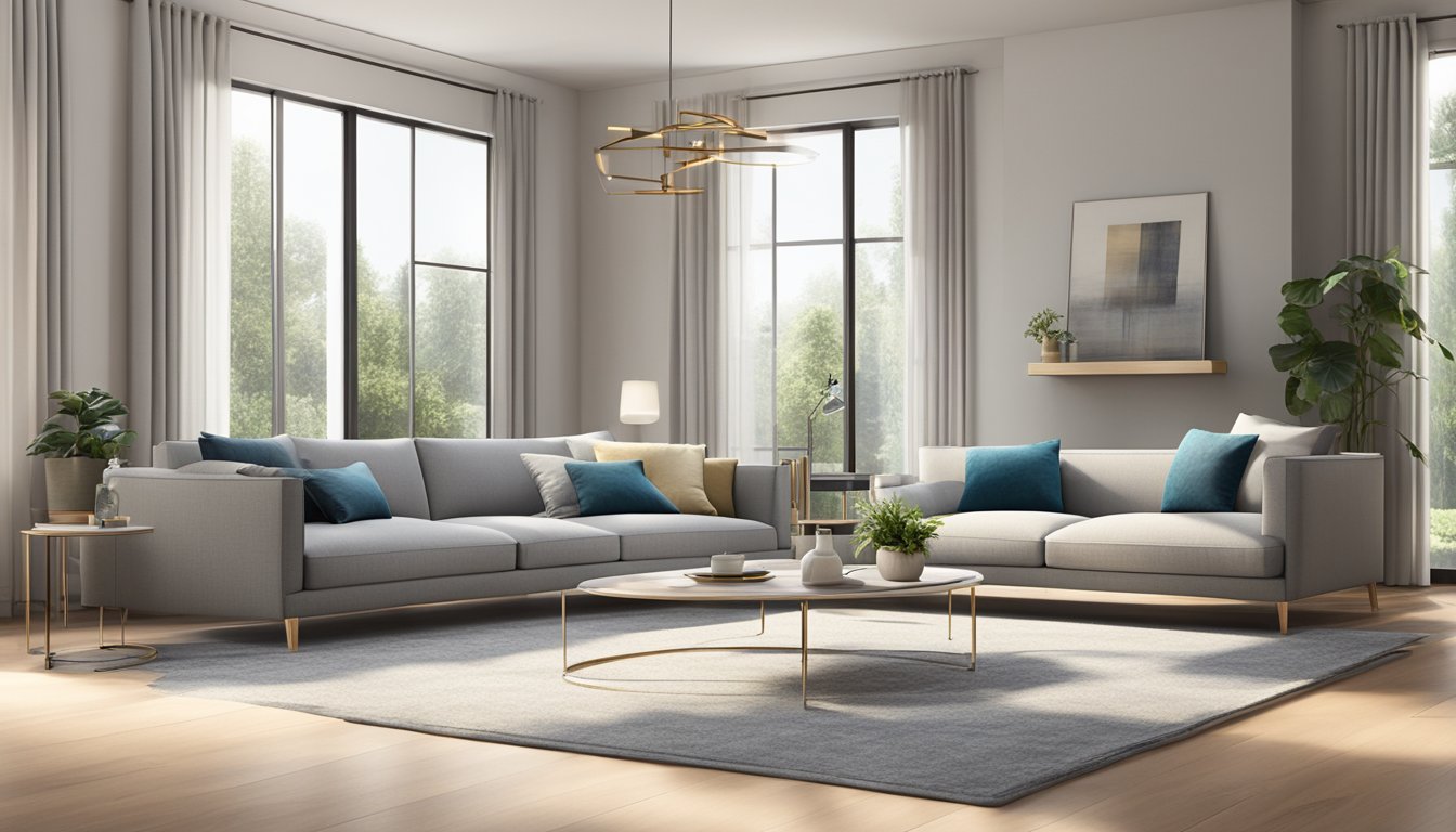 A modern 3-seater sofa sits in a well-lit living room, surrounded by contemporary decor. The clean lines and sleek design of the sofa exude a sense of modernity and comfort