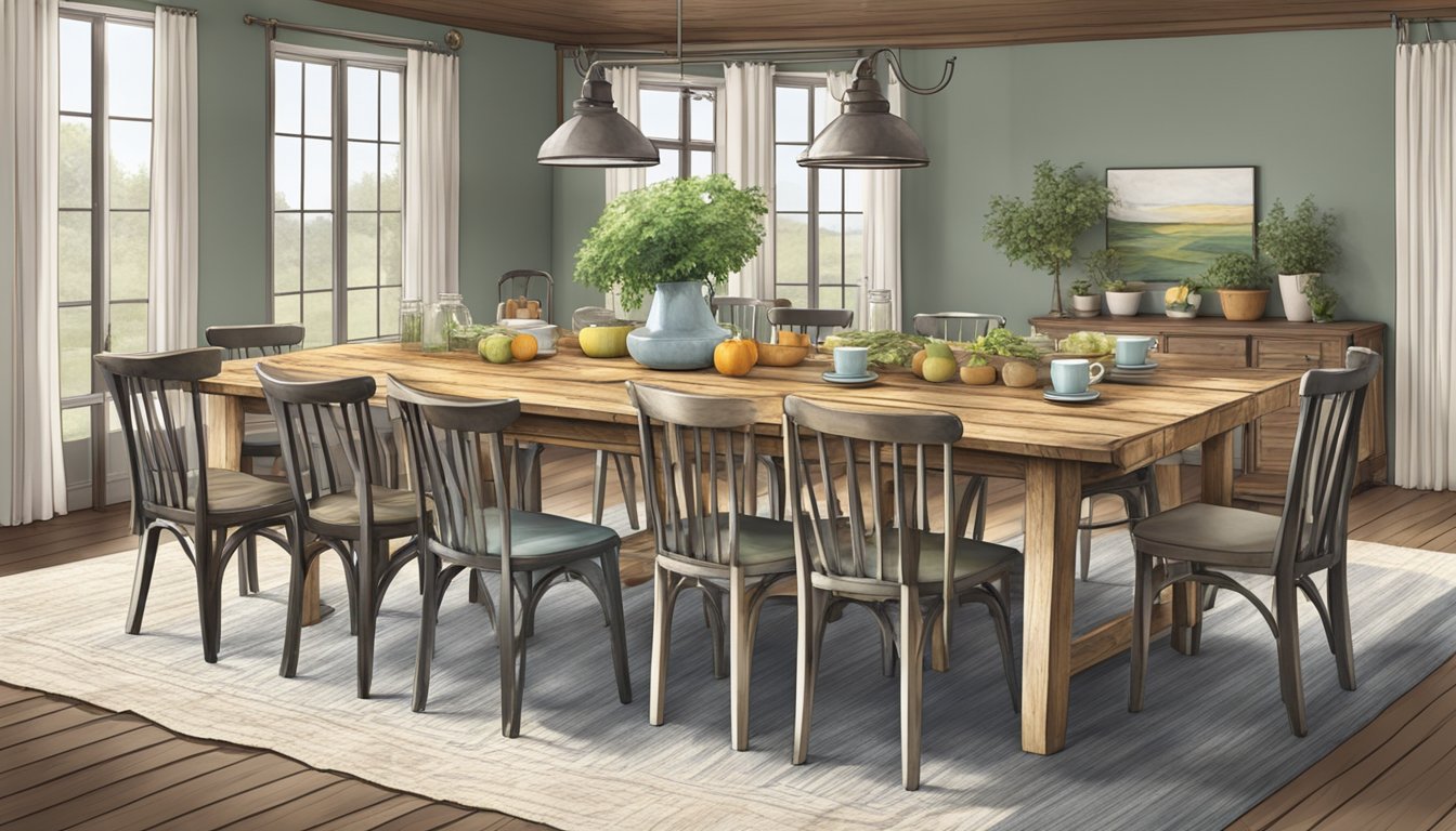 A large farm table with a weathered wooden surface and sturdy legs, surrounded by mismatched chairs and set with a simple table setting