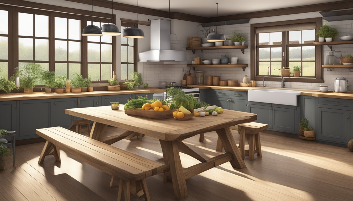 A large farm table stands in a rustic kitchen, adorned with simple yet elegant design and aesthetics. The table is made of sturdy wood, with clean lines and natural finishes, creating a warm and inviting atmosphere