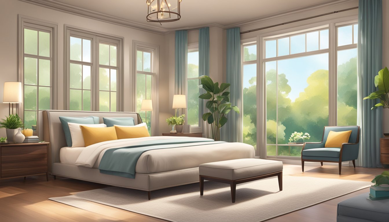 A spacious master bedroom with a king-sized bed, a cozy sitting area, and large windows overlooking a serene garden