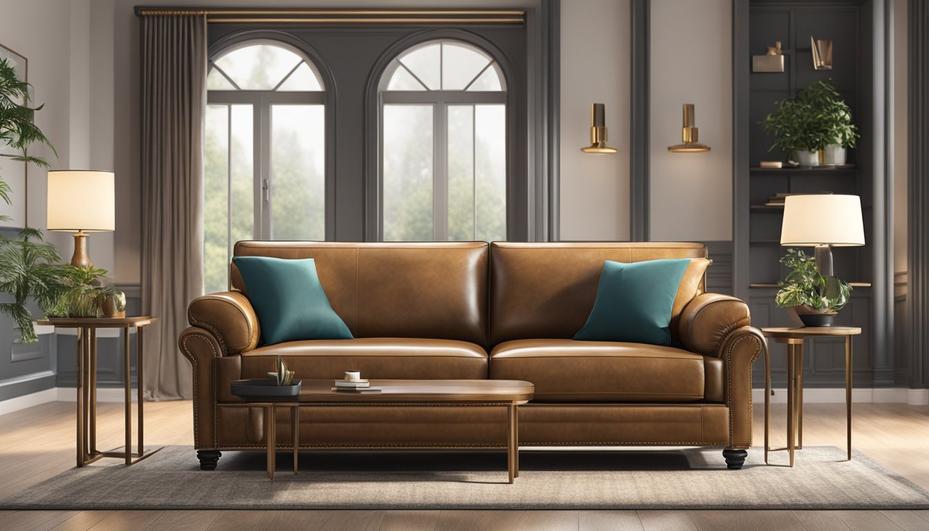 A luxurious leather sofa stands in a well-lit showroom, showcasing its quality craftsmanship and durability