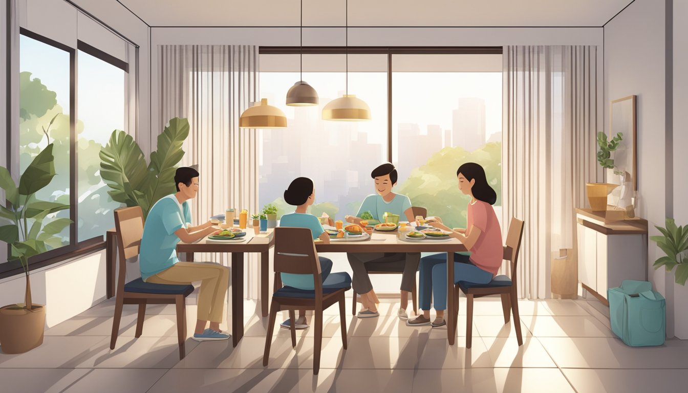 A dining table in a modern Singaporean home, folded and compact. A family of four sits around it, enjoying a meal together
