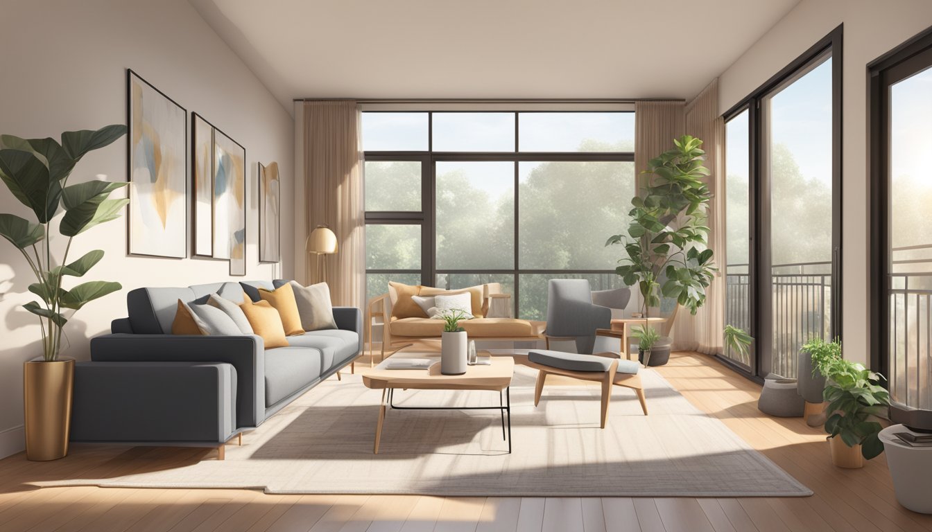 A cozy condo living room with a minimalist design, featuring space-saving furniture, a neutral color palette, and natural light streaming in from large windows