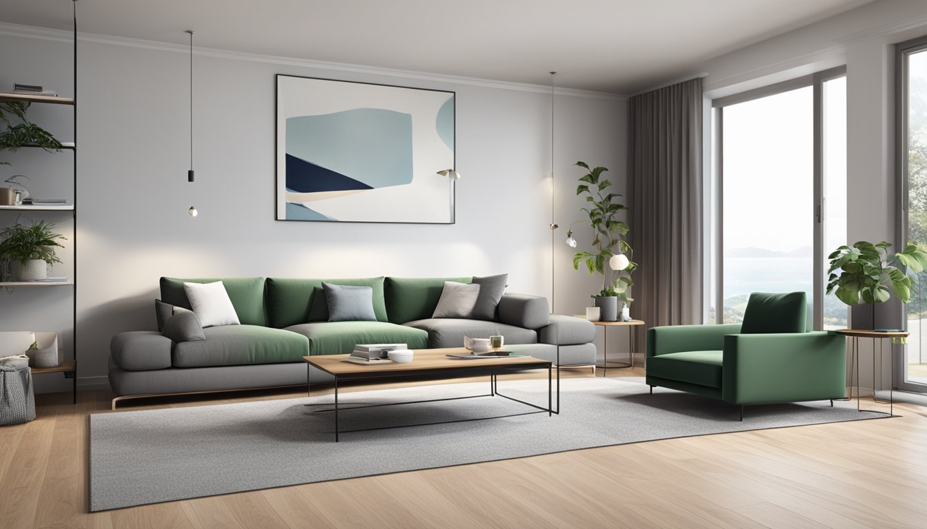 A modern 3 seater sofa sits in a spacious, well-lit living room. It is positioned in the center, with ample space around it for movement. The sofa is sleek and stylish, with clean lines and comfortable cushions