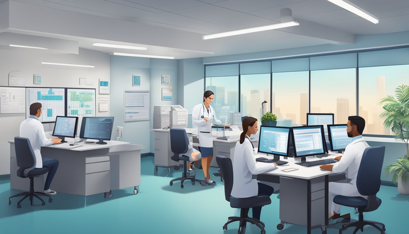 A busy cardiology office, staff inputting patient data, coding for compliance and revenue cycle management