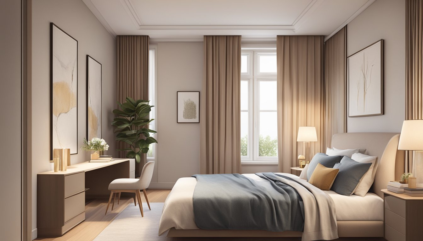 A spacious master bedroom with a large bed, sleek built-in wardrobe, and a cozy reading nook by the window. Soft, neutral colors and warm lighting create a relaxing atmosphere
