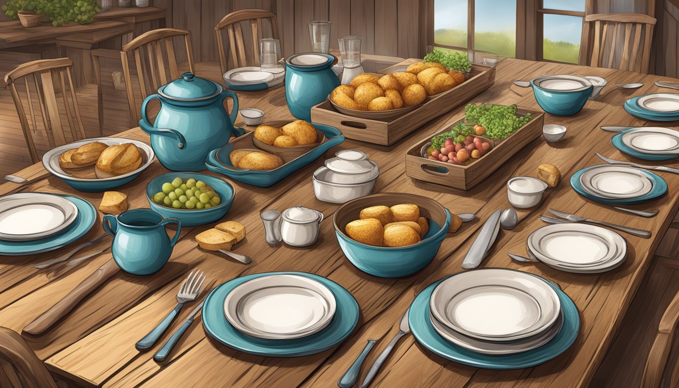 A large farm table set with rustic dishes and utensils