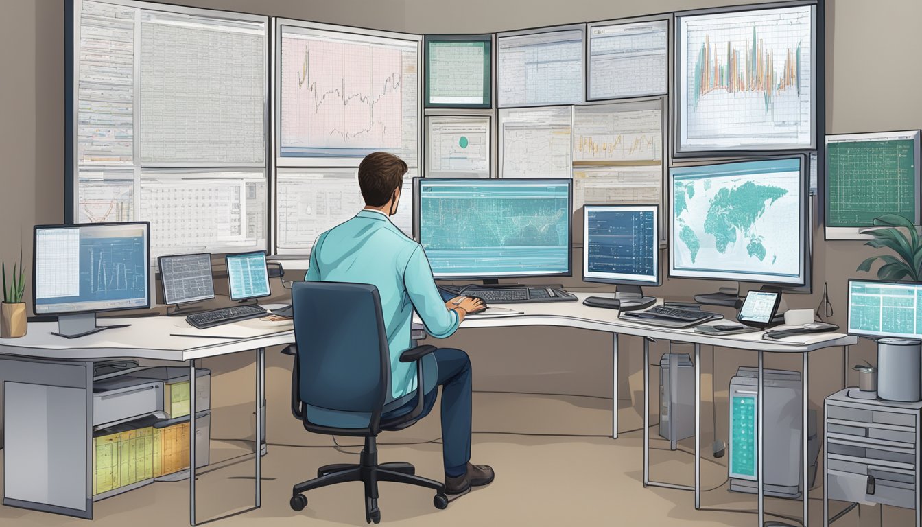 A doctor reviewing complex cardiology codes, surrounded by medical charts and computer screens