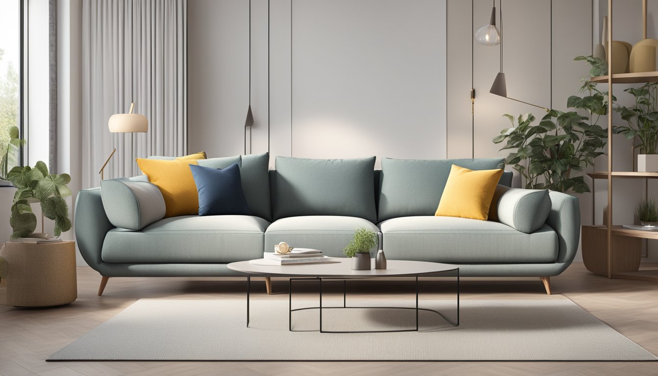 A modern 3 seater sofa with clean lines and comfortable cushions, placed in a well-lit living room with minimalist decor