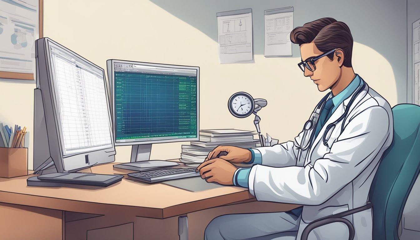 A doctor reviewing a cardiology coding book, with a computer and medical charts in the background