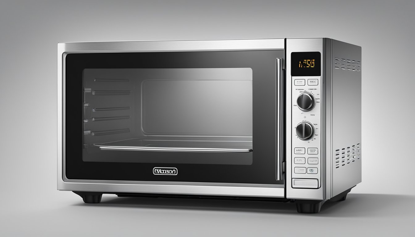 A large convection microwave with digital display, stainless steel exterior, rotating glass turntable, and multiple cooking modes