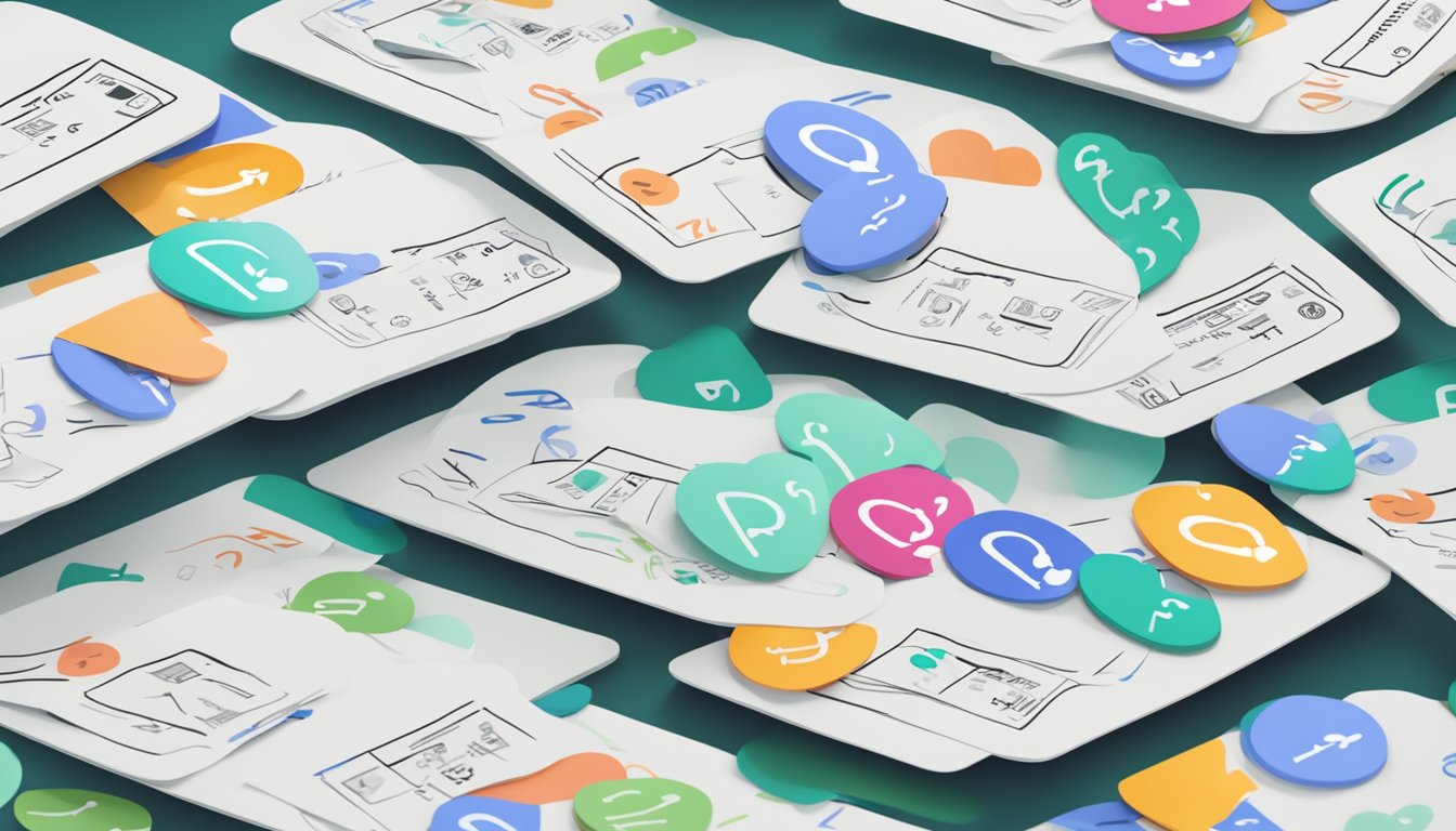 A stack of medical cards with "poba" and "cardiology" written on them, surrounded by question marks