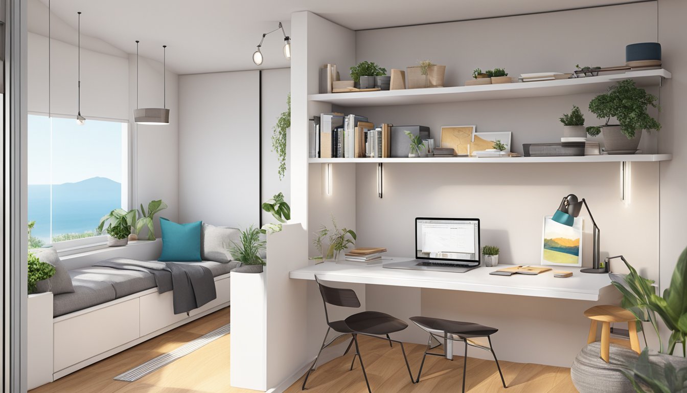 A small condo with clever space-saving solutions: a wall-mounted foldable desk, multi-functional furniture, and smart storage solutions. Bright colors and natural light create a spacious feel