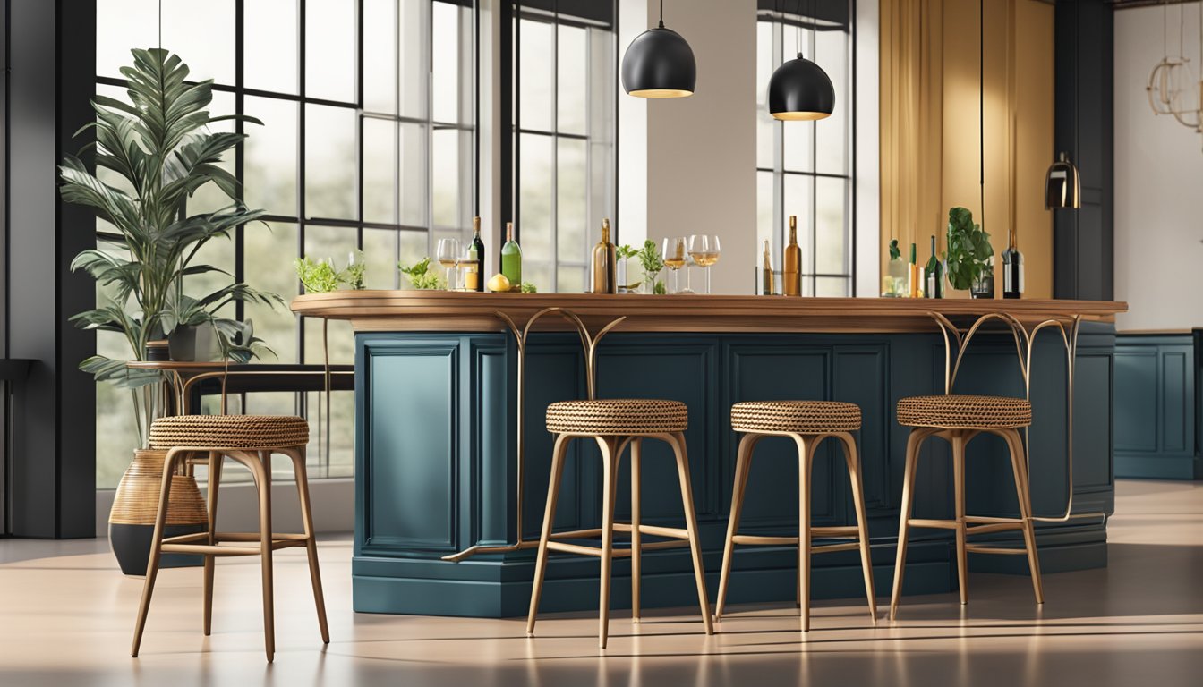 Three rattan bar stools arranged in a row, with a sleek, modern design. The stools are positioned in front of a stylish bar counter, creating a trendy and inviting atmosphere