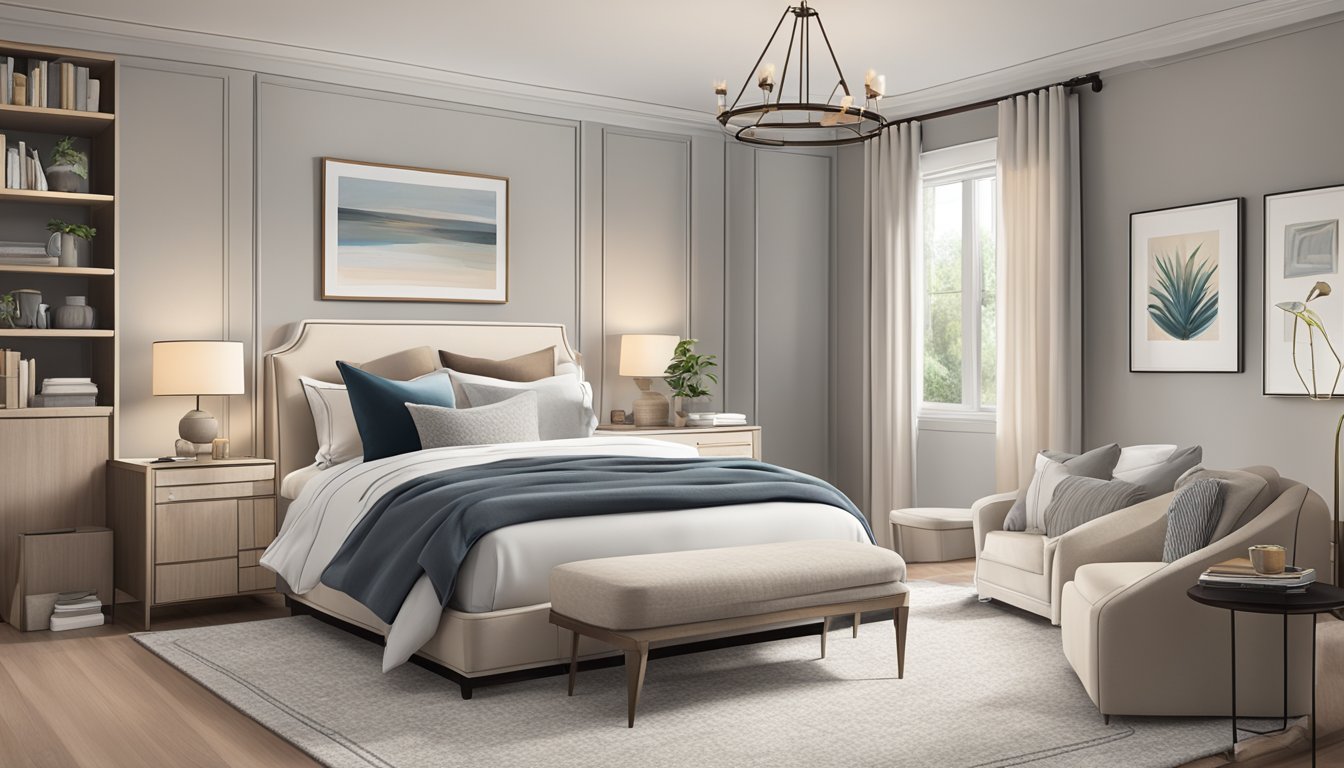 A cozy master bedroom with a neutral color palette, a plush bed with layered bedding, a statement headboard, and a reading nook with a comfortable armchair and a side table with a lamp