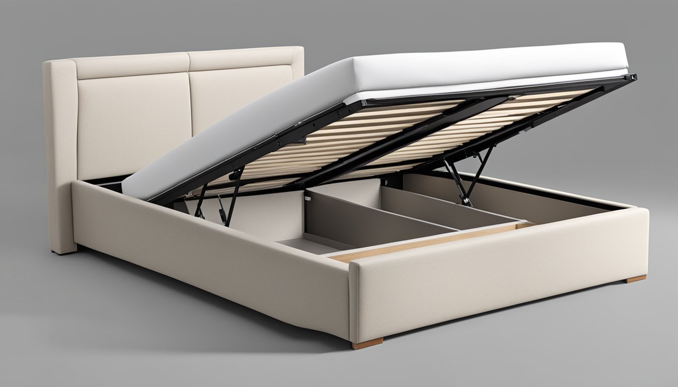 A hydraulic storage bed opens, revealing a spacious compartment underneath. The smooth, seamless design showcases the bed's innovative features